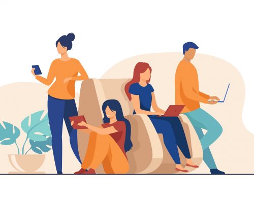 Digital device users spending time together. Group of men and women using laptop computers, tablet, smartphone. Vector illustration for web browsing, internet surfing, public access concept